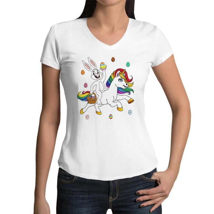 Easter Bunny Riding A Unicorn Cute Magical Girls Kids Teens Women V-Neck T-Shirt