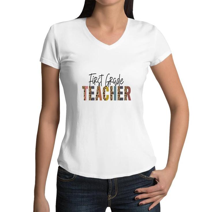 First Grade Teacher Black Graphic First Grade Women V-Neck T-Shirt