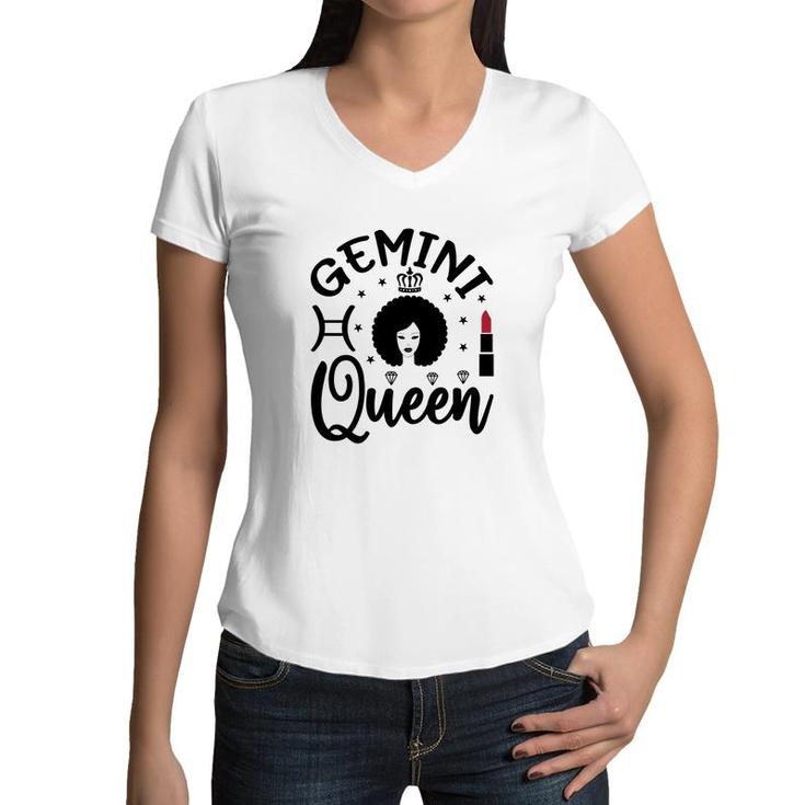 Gemini Girl Curly Hair Lipstick Decoration Birthday Women V-Neck T-Shirt