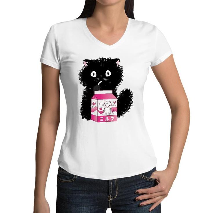 Girls Cute Cat Strawberry Milk Kawaii Cow And Kitten Women V-Neck T-Shirt