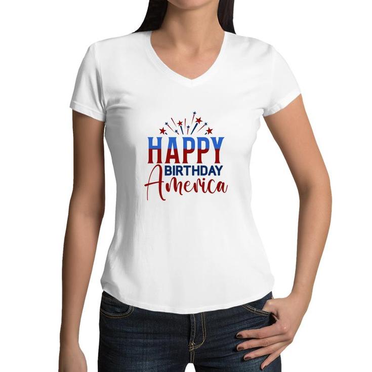 Happy Birthday America July Independence Day Red Blue 2022 Women V-Neck T-Shirt