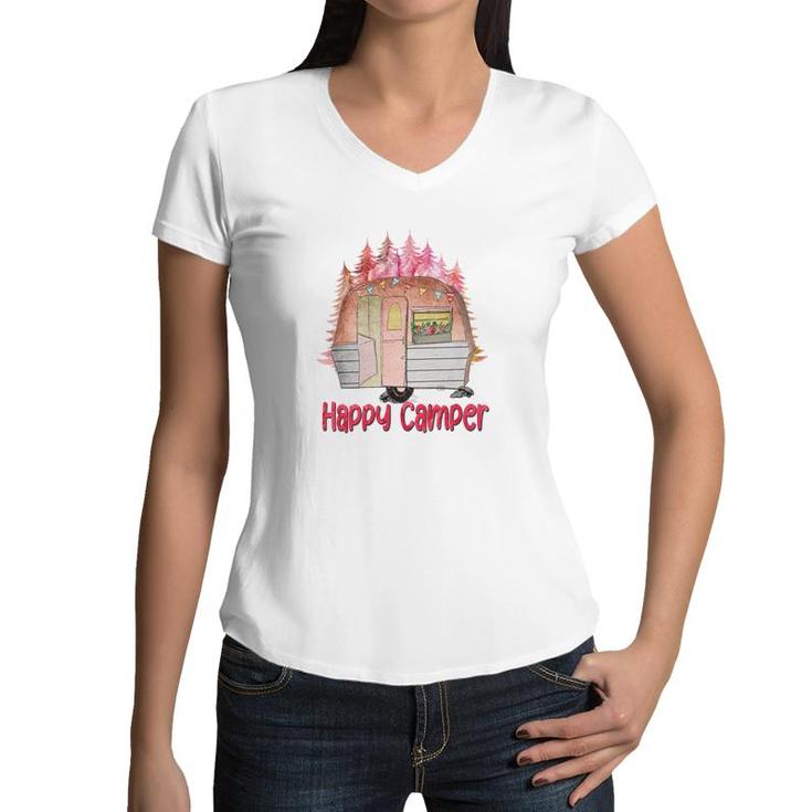 Happy Camper Freedom Soul Colorful Camp Life Design Women V-Neck T-Shirt