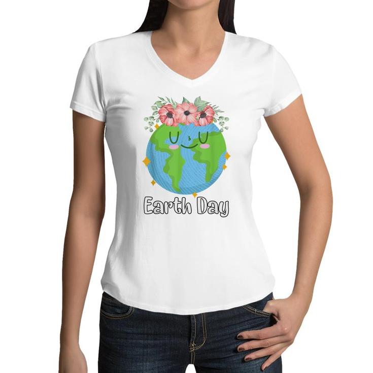 Happy Earth Day Cute Earth Smiles With Floral Earth Day 2022  Women V-Neck T-Shirt