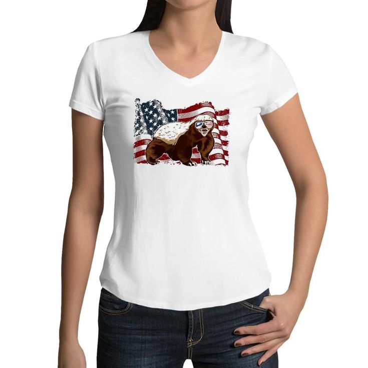 Honey Badger American Flag 4Th July Animals Men Women Kids Women V-Neck T-Shirt