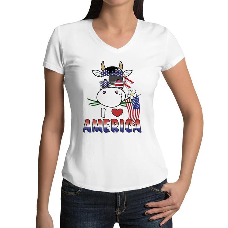 I Love America 4Th Of July Usa Patriotic Cow Lover Kids Women V-Neck T-Shirt