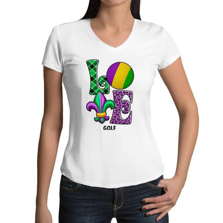 I Love Mardi Gras Golf Plaid Leopard Men Women Kids Women V-Neck T-Shirt