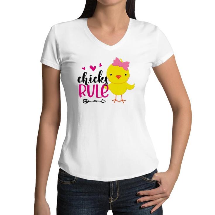 Kids Chicks Rule Cute Chicken Baby Chicken Happy Easter Day Women V-Neck T-Shirt