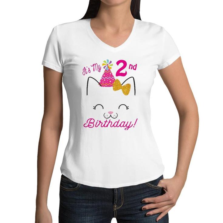 Kids Its My 2Nd Birthday  Girl Kitty Cat Theme Party Two Women V-Neck T-Shirt