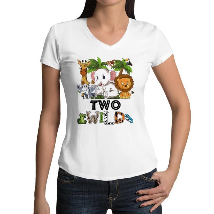 Kids Two Wild Zoo Theme Birthday Safari Jungle Matching Party Women V-Neck T-Shirt