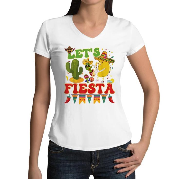 Lets Fiesta Avocado And Tacos Cinco De Mayo Mexican  Women V-Neck T-Shirt
