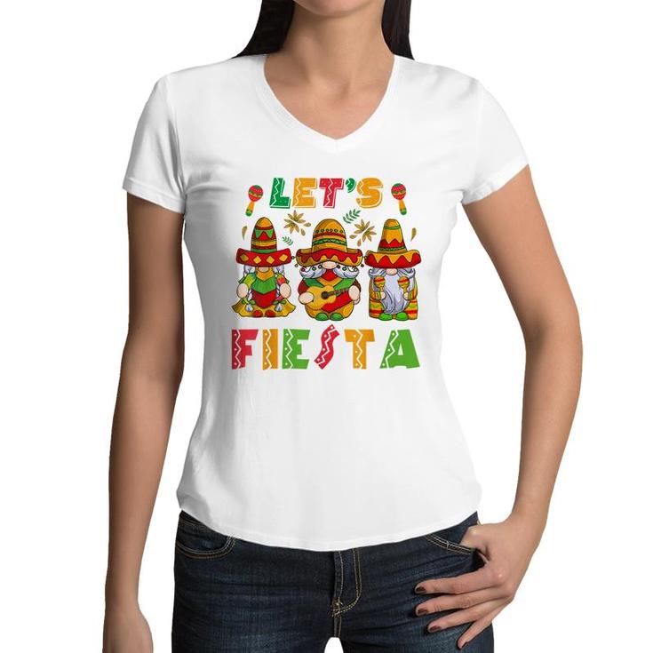 Lets Fiesta Cinco De Mayo Latin Gnomes Mexican Party Poncho Women V-Neck T-Shirt