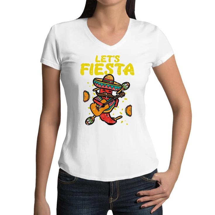 Lets Fiesta Jalapeno Funny Cinco De Mayo Mexican Party  Women V-Neck T-Shirt