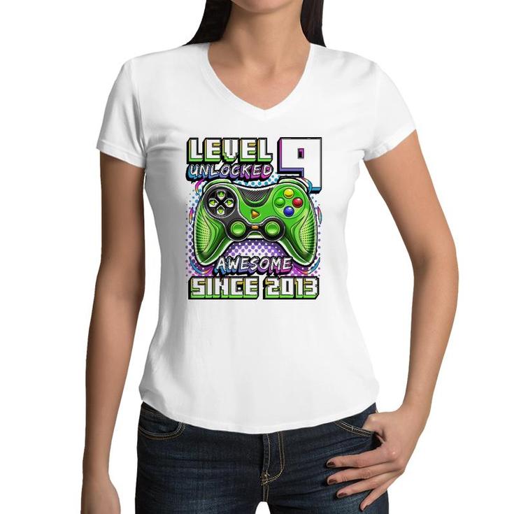 Level 9 Unlocked Awesome 2013 Video Game 9Th Birthday Boy Women V-Neck T-Shirt