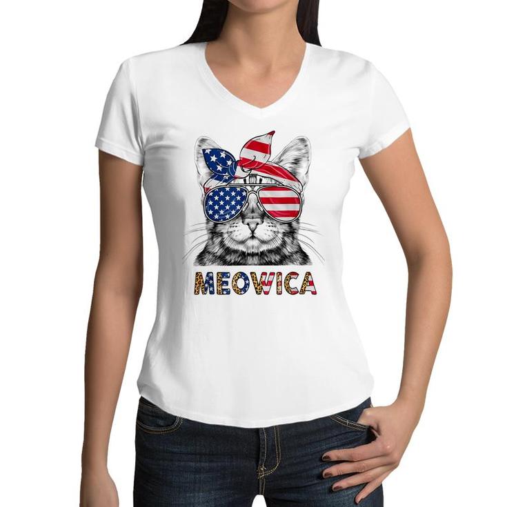Meowica Cat Leopard Usa Flag Sunglasses Bandana 4Th Of July  Women V-Neck T-Shirt
