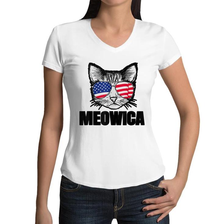 Meowica Patriotic Cat 4Th Of July  American Flag Graphics  Women V-Neck T-Shirt