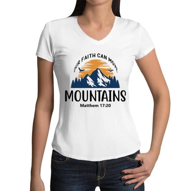 Our Faith Can Move Mountains Bible Verse Black Graphic Christian Women V-Neck T-Shirt
