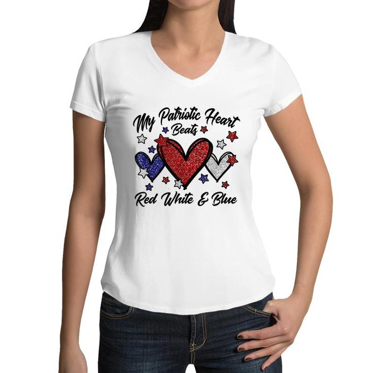 Patriotic 4Th Of July Hearts For Women Red White And Blue  Women V-Neck T-Shirt