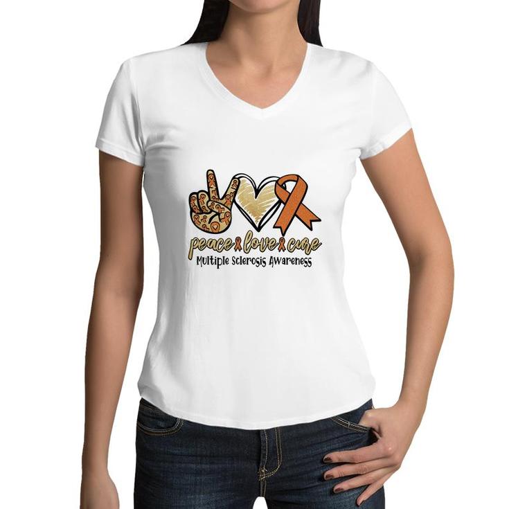 Peace Love Cure Multiple Sclerosis Awareness Orange Color Women V-Neck T-Shirt