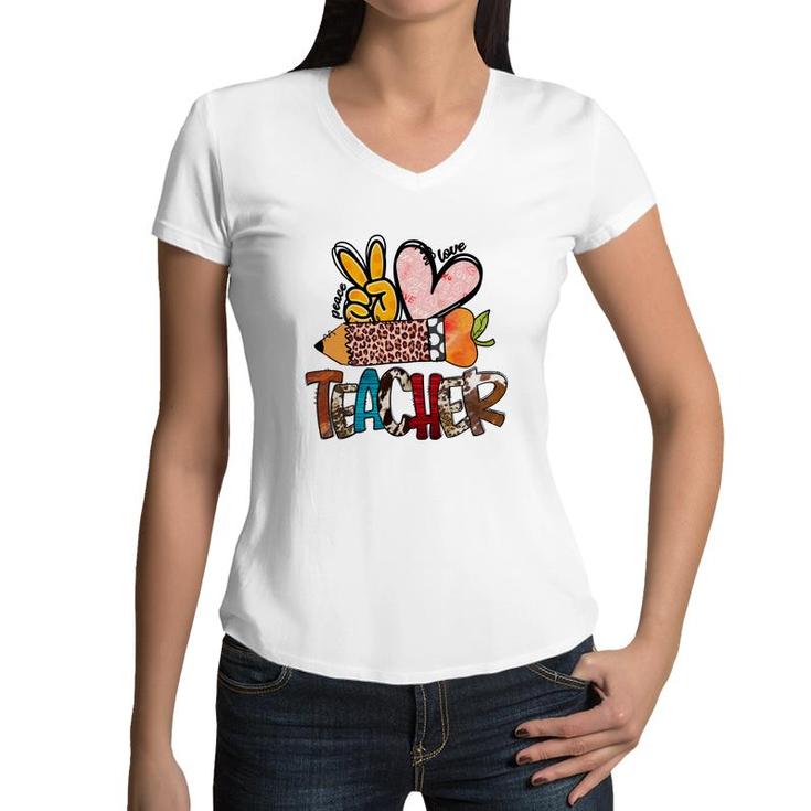 Peace Love Teacher Leopard Funny Gift Ideas Women V-Neck T-Shirt
