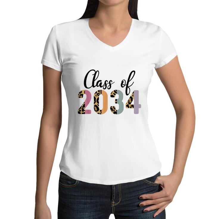 Pqje Leopard Class Of 2034 Kindergarten 2022 Back To School  Women V-Neck T-Shirt