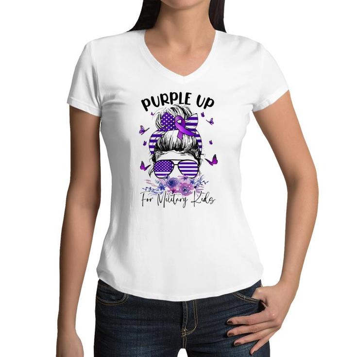 Purple Up For Military Kids Child Month Messy Bun Floral  Women V-Neck T-Shirt