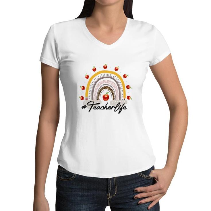 Rainbow Teacher Black Graphic Apple Great Women V-Neck T-Shirt