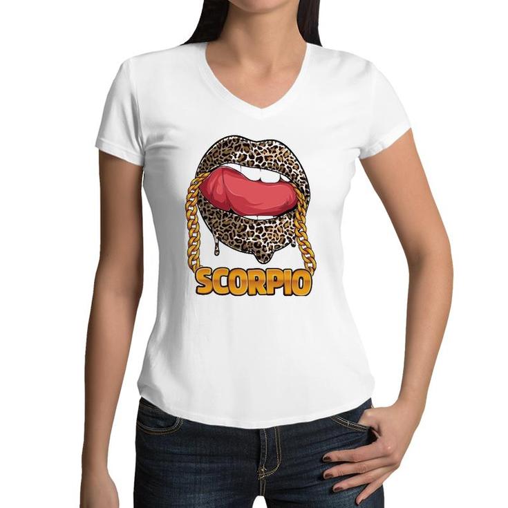 Scorpio Girl Juicy Lips Leopard Print Astrology Zodiac Sign Women V-Neck T-Shirt
