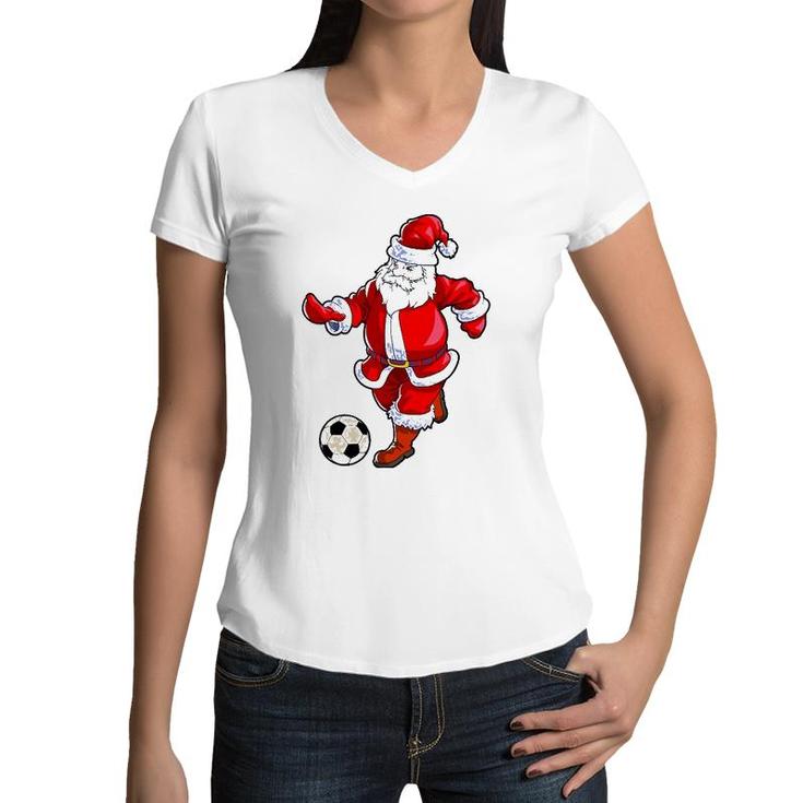 Soccer Christmas  Men Kids Boys Soccer Santa Claus Women V-Neck T-Shirt