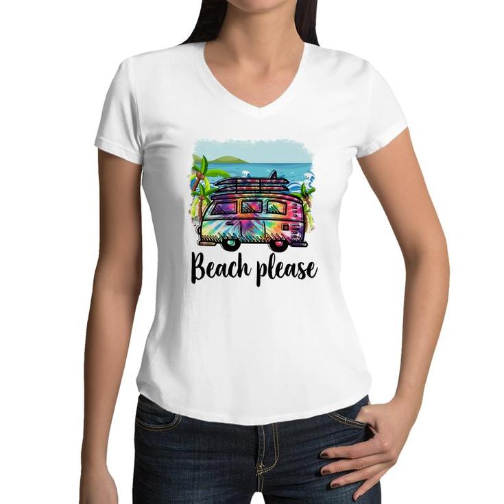 Summer Time Beach Please Retro Summer Beach Women V-Neck T-Shirt