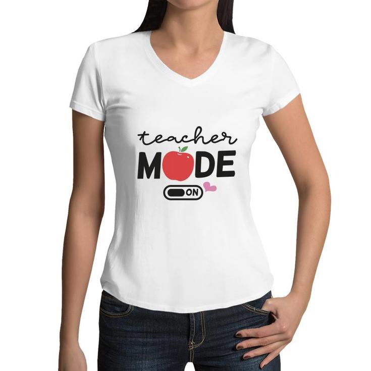 Teacher Mode On Apple Pink Heart Decor Women V-Neck T-Shirt