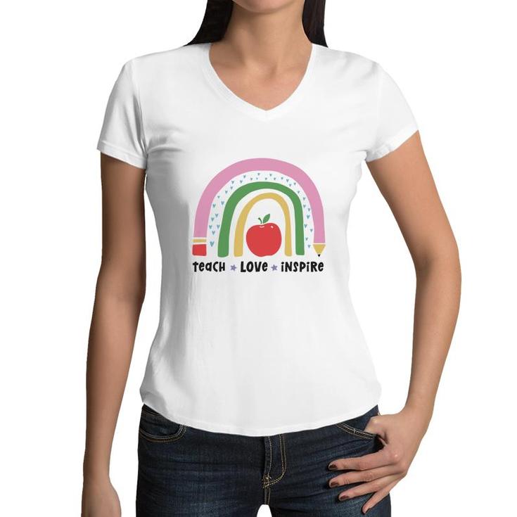 Teacher Rainbow Teach Love Inspire Apple Women V-Neck T-Shirt
