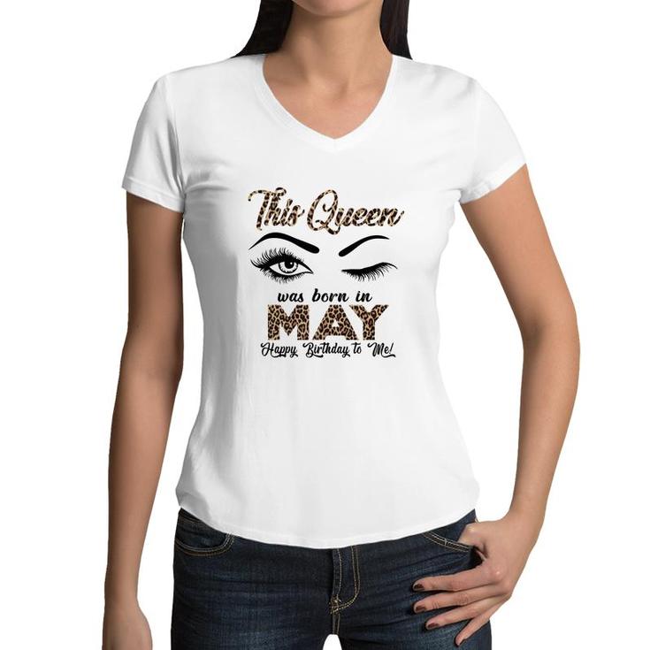 This Queen Was Born In May Leopard Letters Design Women V-Neck T-Shirt
