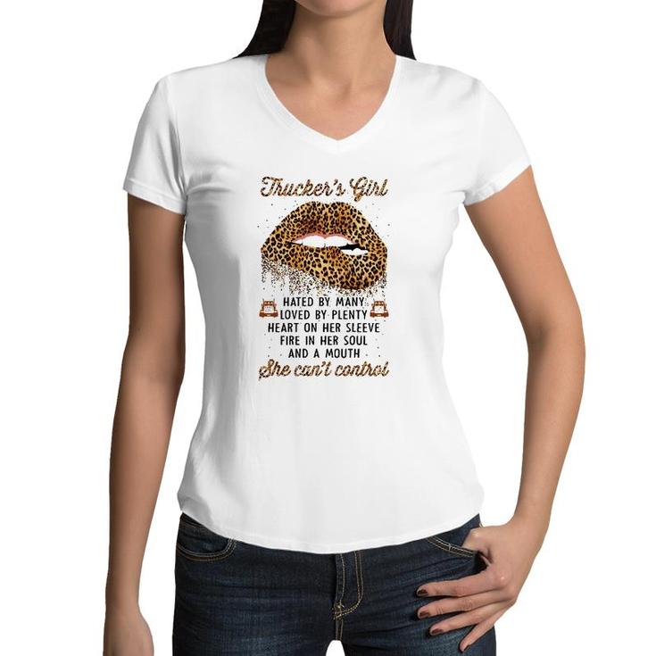 Truckers Girl Hated By Many Loved By Plenty Leopard Lips Women V-Neck T-Shirt