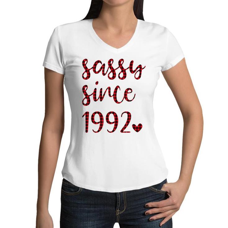 Women Vintage Sassy Since 1992 Buffalo Plaid Birthday Party  Women V-Neck T-Shirt