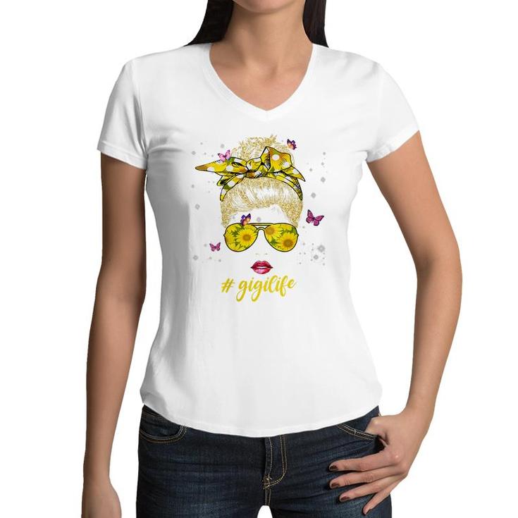 Womens Classy Gigi Life With Sunflower Shades Gigilife  Women V-Neck T-Shirt