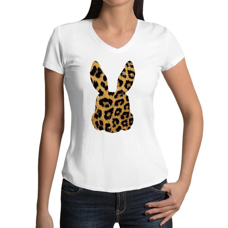Womens Leopard Print Bunny Rabbit Cute Spring Easter Women Girls Women V-Neck T-Shirt