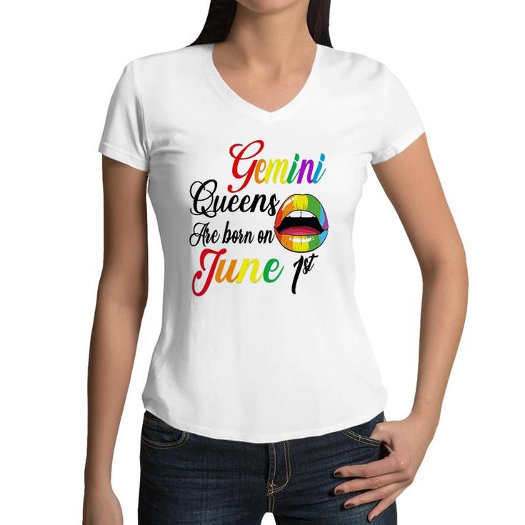 Womens Rainbow Lip Queens Are Born On June 1St Gemini Birthday Girl Women V-Neck T-Shirt