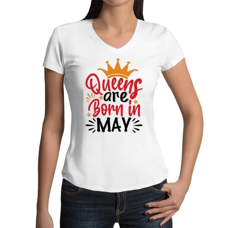 Yellow Crown Red Black Letters Design Queens Are Born In May Birthday Women V-Neck T-Shirt