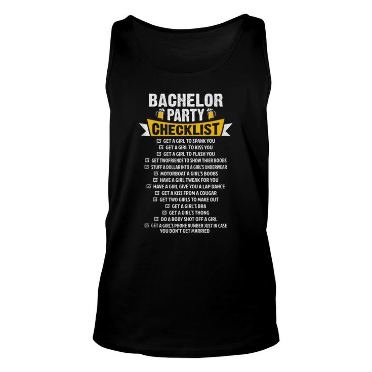 Checklist Bachelor Party Stag Groom Gag Men Funny  Unisex Tank Top
