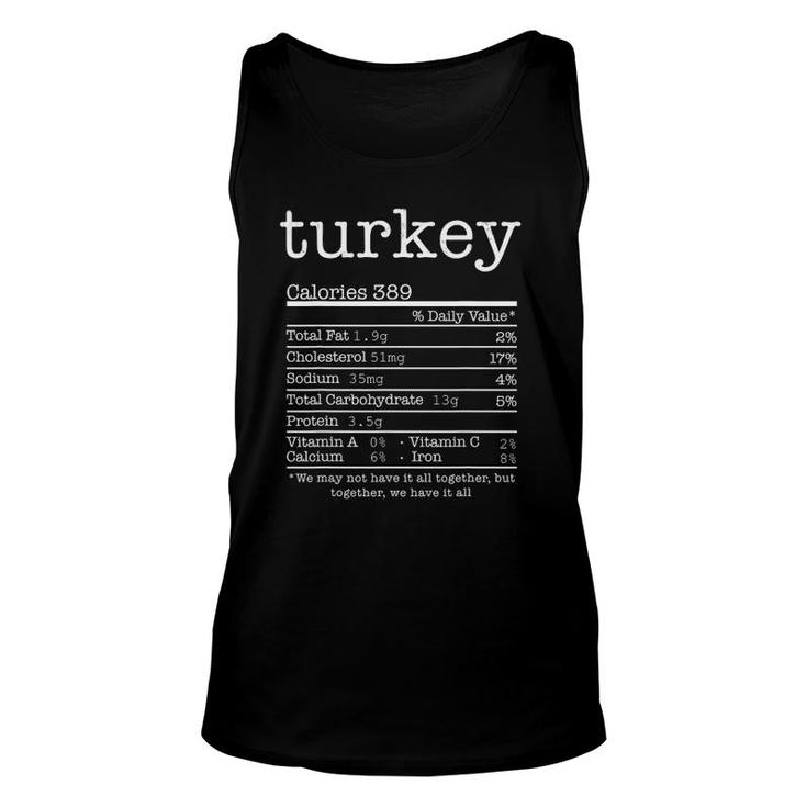 Funny Thanksgiving Christmas Food - Turkey Nutrition Facts Unisex Tank Top