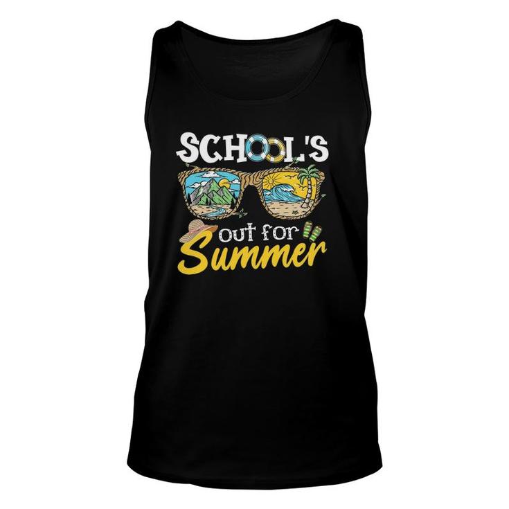 Last Day Of School Teacher Student Schools Out For Summer Vacation Beach Palm Tree Sun Sunglasses Unisex Tank Top
