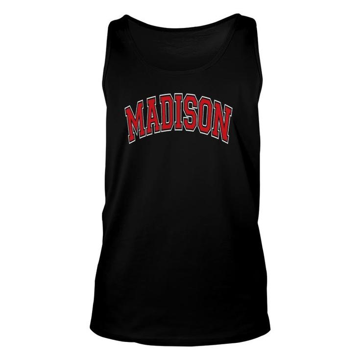 Madison Wisconsin Wi Varsity Style Red Text Unisex Tank Top
