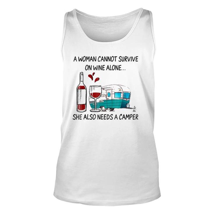 A Woman Cannot Survive On Wine Alone She Also Needs A Camper Unisex Tank Top