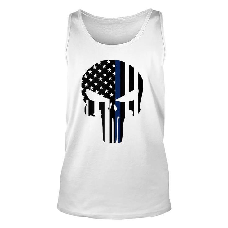 Blue Line American Skull Flag Support Police  Unisex Tank Top
