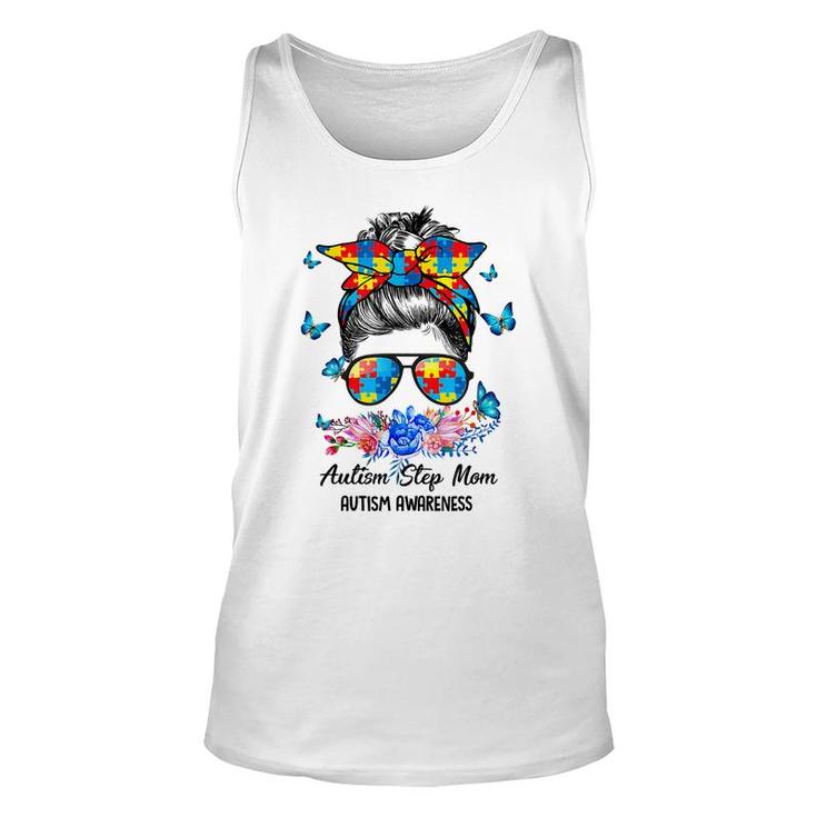 Blue Ribbon Butterfly Step Mom Messy Bun Autism Awareness  Unisex Tank Top