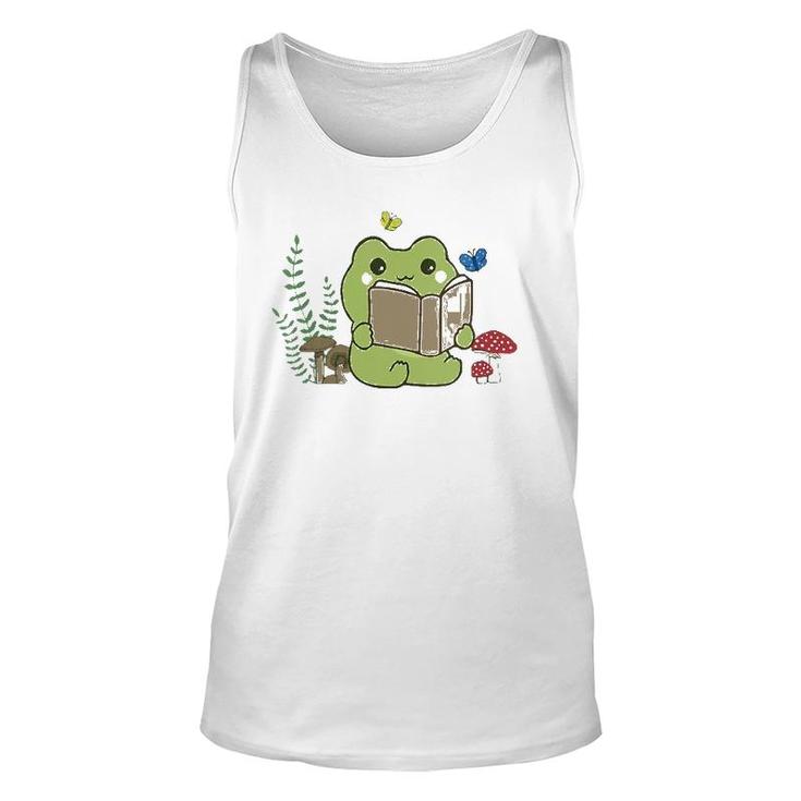 Womens Cute Frog Reading A Book On Mushroom Cottagecore Aesthetic V-Neck Tank Top