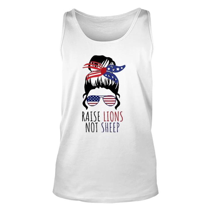 Raise Lions & Not Sheep American Flag Sunglasses Messy Bun Unisex Tank Top