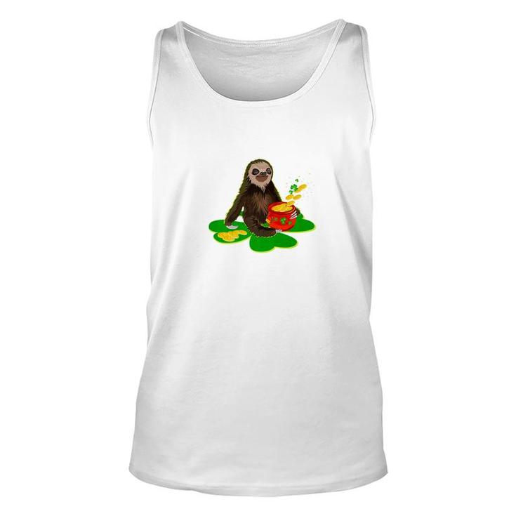 Sloth On Shamrock With St Patrick Day Coin Pot Gift Unisex Tank Top