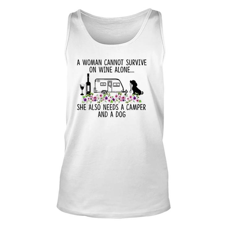 Womens A Woman Cannot Survive On Wine Alone She Needs Camper Dog Unisex Tank Top