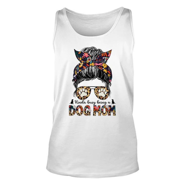 Womens Kinda Busy Being A Dog Mom Messy Bun Leopard Floral Unisex Tank Top